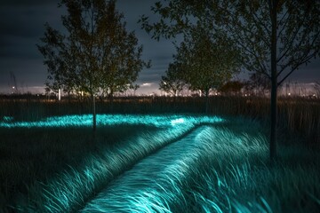 Wall Mural - Nighttime Path Illuminates Grassy Meadow With Trees