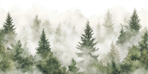 misty watercolor evergreen forest landscape