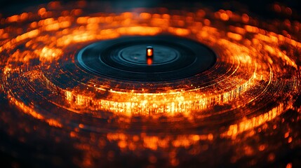 Poster - Vinyl record spinning, close-up, warm lights, party background, music listening