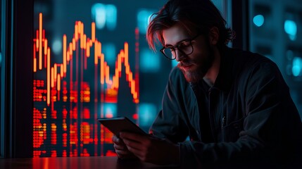 Poster - Businessman engaging in stock market trading on smartphone app with holographic investment concept 