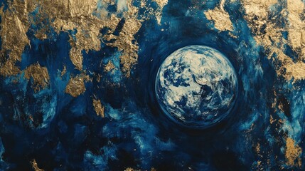 Wall Mural - earth surrounded by swirling gold and blue nebula.