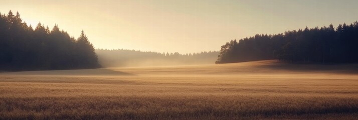 Poster - Sunrise over a tranquil meadow with fog hovering above golden grass and surrounding trees. Generative AI