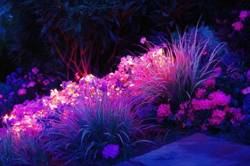 Canvas Print - Illuminated Night Garden Flowers And Grasses