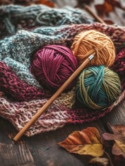 Poster - Colorful yarn balls and wooden crochet hook resting on knitted fabric with autumn leaves on wooden background. Generative AI