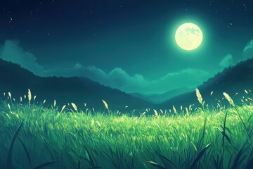 Canvas Print - Serene Night Scene with Full Moon over Grassy Hills