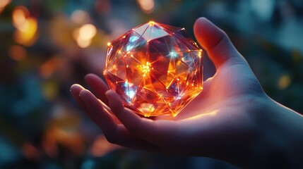 Poster - Close up of hands holding abstract glowing polygonal globe on blurry background. Network, communication and global innoovation concept