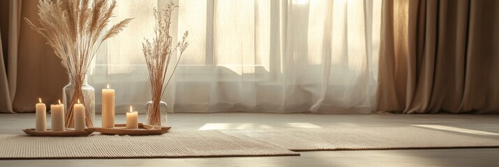 Poster - Decorative arrangement of candles and dried flowers in a cozy interior setting during soft natural light. Generative AI