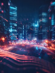 Aufkleber - abstract digital wave on blurry night city background. technology and science concept. double exposu