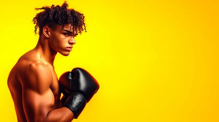 Young boxer training with focus against a vibrant yellow background showcasing determination and strength