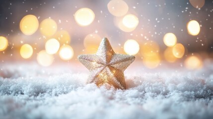 Wall Mural - Soft, blurred background of white snow with bokeh lights and sparkling stars, creating an enchanting winter scene ideal for product display or digital art design.