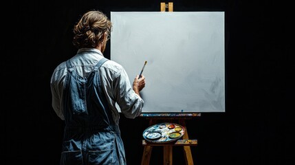 Poster - With a brush in hand, a painter in blue overalls stands before a blank canvas, focused and ready to bring colors to life. The studio is enveloped in shadows, enhancing the creative atmosphere