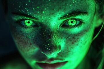 Poster - Green Illuminated Face With Freckles And Glowing Eyes