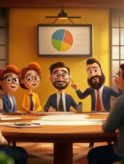 Poster - Cartoon style meeting with a group of animated characters around a conference table, one character pointing at a pie chart on the wall