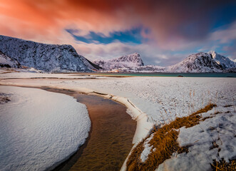 Canvas Print - Splendid night view of Utakleiv beach, Norway, Europe. Amazing winter scene of Lofoten Islands archipelago. Beauty of nature concept background. Small river flowing to the Norwegian sea.