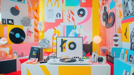Poster - Vibrant music studio filled with colorful decor and vinyl records in a creative workspace. Generative AI