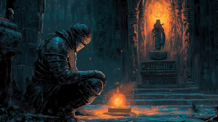 Wall Mural - Knight in blackened steel armor, kneeling before a mystical glowing relic in a dimly lit ancient temple, with intricate carvings and shadows adding depth.