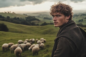 Poster - Young shepherd looking back at a flock of sheep in a lush green landscape during an overcast day. Generative AI