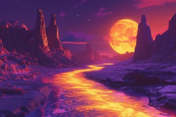 Wall Mural - Alien River Flows Through Vibrant Purple Mountains Underneath a Giant Orange Moon