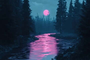 Poster - Pink Moon Rising Over a Forest River Scene