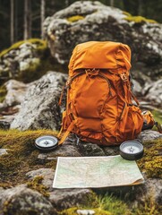 Fototapete - Hiking equipment rests on mossy rocks with map and compass in a forest setting during daytime. Generative AI