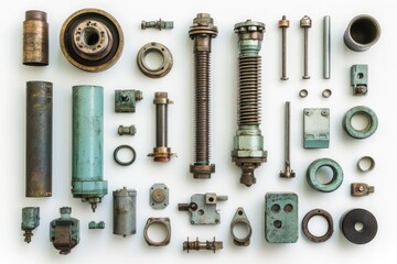 Poster - An assortment of vintage industrial machine parts, meticulously arranged on a white background.