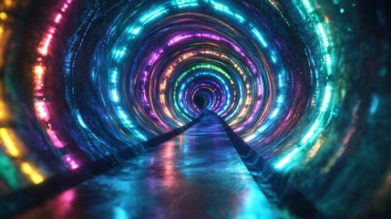 Poster - A brilliant neon spiral vortex draws viewers deeper into its hypnotic embrace, showcasing a captivating blend of electric blue and multicolored lights
