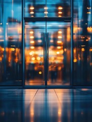 Poster - Abstract view of a glass office entrance with blurred lights at dusk