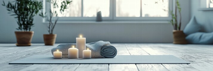 Poster - Relaxing yoga setup with candles and towel in a serene indoor space with natural light. Generative AI