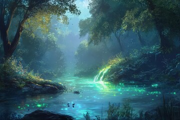 Wall Mural - Enchanting Forest River Scene With Waterfall And Fireflies