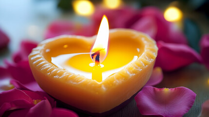 Wall Mural - A close-up of a heart-shaped candle burning gently, surrounded by pink rose petals and warm ambient light