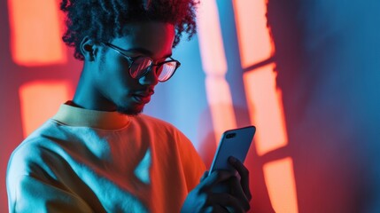 Poster - Young man using smartphone under colorful lighting in urban environment during evening hours. Generative AI