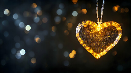 Wall Mural - A glowing heart-shaped string light hanging against a dark background, with soft bokeh effects in the background