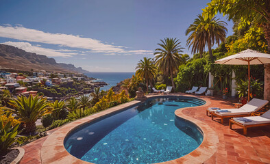 Fototapete - A pool with a view of the ocean and palm trees. The pool is surrounded by a lush green garden and there are several lounge chairs and umbrellas for relaxation