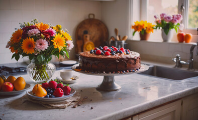 Aufkleber - A cake with blueberries and strawberries on top sits on a silver platter on a marble counter. A vase of flowers sits on the counter next to the cake. There are also several fruits, including apples