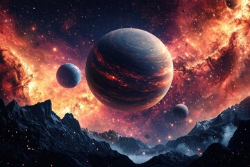 Wall Mural - a stunning cosmic scene featuring planets orbiting around an expansive nebula, with mountains in the