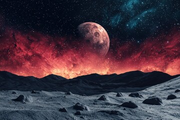 Wall Mural - a panoramic view of the vast expanse of an alien planet, with rolling mountains under an eerie red s