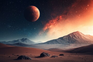 Wall Mural - a photorealistic, cinematic view of an alien planet with a desert and mountains.a science fiction mo