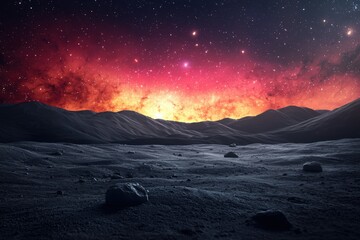 Wall Mural - in the foreground is an alien desert landscape, with rolling hills under a starry sky. in the backgr