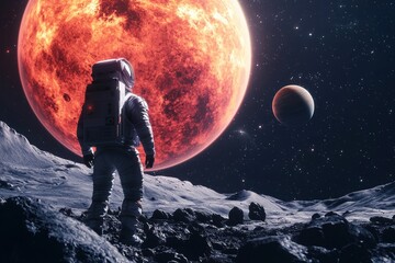 Wall Mural - an astronaut standing on the moon, looking at an alien planet in space.a science fiction movie scene