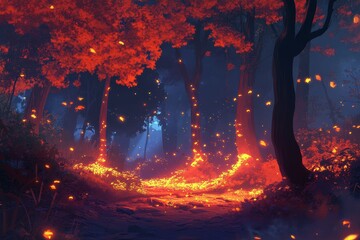 Wall Mural - Glowing Autumn Forest Path Illuminated By Falling Leaves