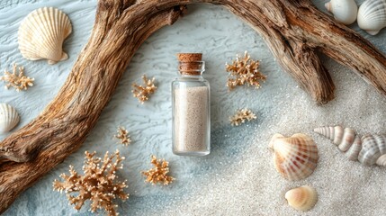 Poster - Sunlight illuminates a creative mix of seashells and driftwood, alongside a glass bottle of fine sand, recalling memories of coastal treasures from relaxing beach walks