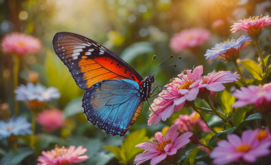 Poster - A butterfly is resting on a pink flower. The butterfly is orange and blue