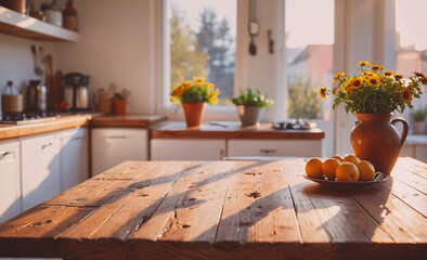 Poster - A wooden table with a vase of flowers and a plate of oranges. The table is in a kitchen with a window that lets in sunlight. Scene is warm and inviting, with the natural light and the fresh flowers