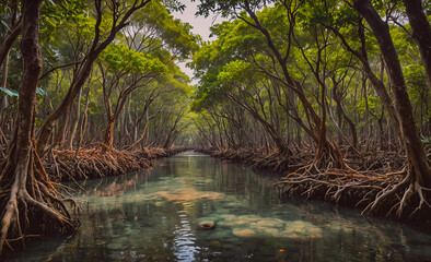 Poster - A river with trees on either side. The water is clear and calm. The trees are green and tall
