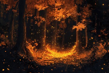 Wall Mural - Enchanting autumn forest path glowing with fireflies