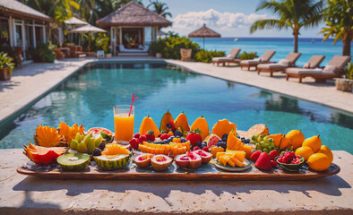 Fototapete - A tray of fruit is displayed on a stone wall near a pool. The fruit includes apples, oranges, and bananas