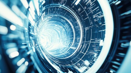 Leinwandbilder - High - tech blue spiral tunnel filled with digital lines and light, symbolizing a journey into the digital realm.