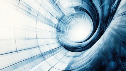 Fototapete - Abstract blue - toned spiral tunnel with grid - like lines leading to a bright center, representing a concept of movement and direction.