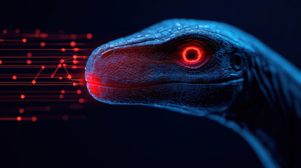Poster - Futuristic robotic dinosaur with glowing red eyes and digital