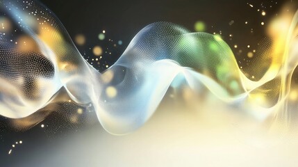 Leinwandbilder - Ethereal and dynamic abstract pattern with flowing, wavy lines composed of dots in soft blue, white, green and golden hues. Glowing particles adding a magical and high - tech feel.